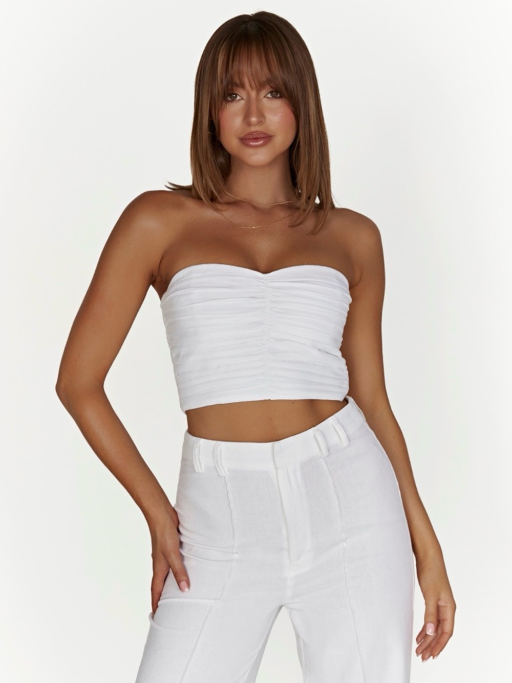 NWT Meshki Mckenna Gathered Linen Top in White - Size Small